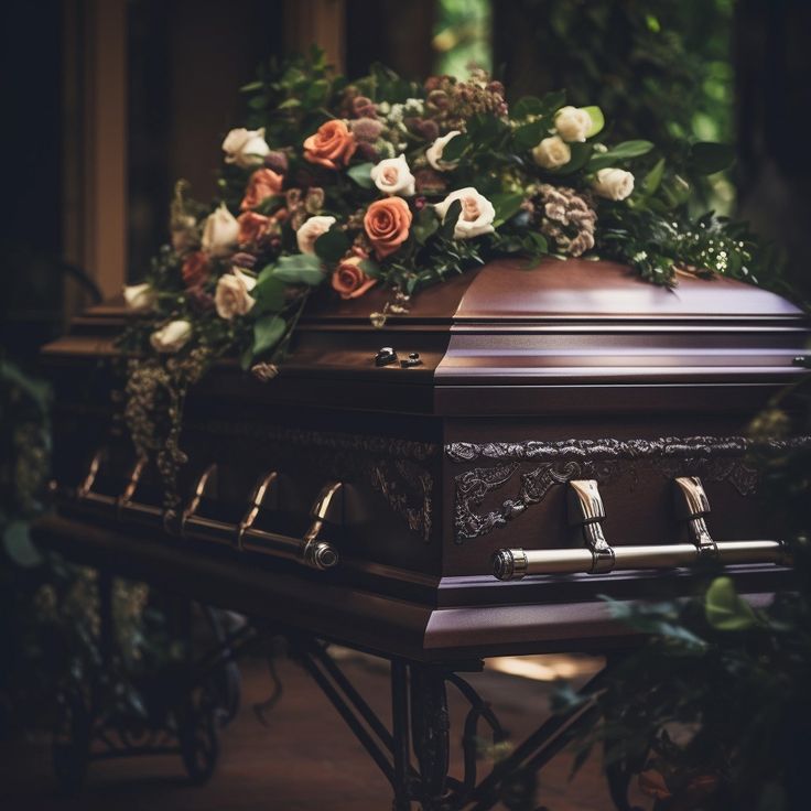 Flowers on a polished wooden casket, illustrative image.